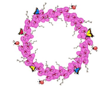 güzel yuvarlak çelenk orkide çiçekleri, ladybugs ve beyaz arka plan üzerinde izole kelebekler