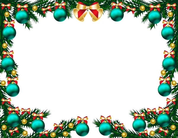 Gyönyörű Karácsonyi Háttér Fenyő Ágak Harangok Íjak Fehér Zöld Baubles — Stock Vector