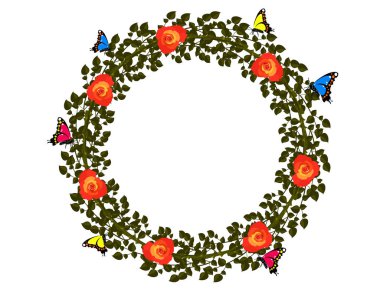 güzel yuvarlak çelenk çiçek, ladybugs ve beyaz arka plan üzerinde izole kelebekler