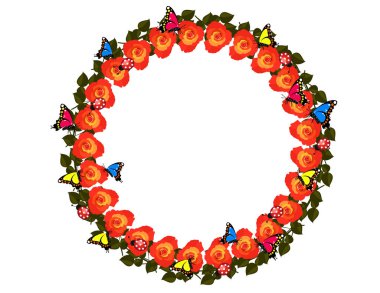 güzel yuvarlak çelenk çiçek, ladybugs ve beyaz arka plan üzerinde izole kelebekler