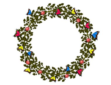 güzel yuvarlak çelenk çiçek, ladybugs ve beyaz arka plan üzerinde izole kelebekler