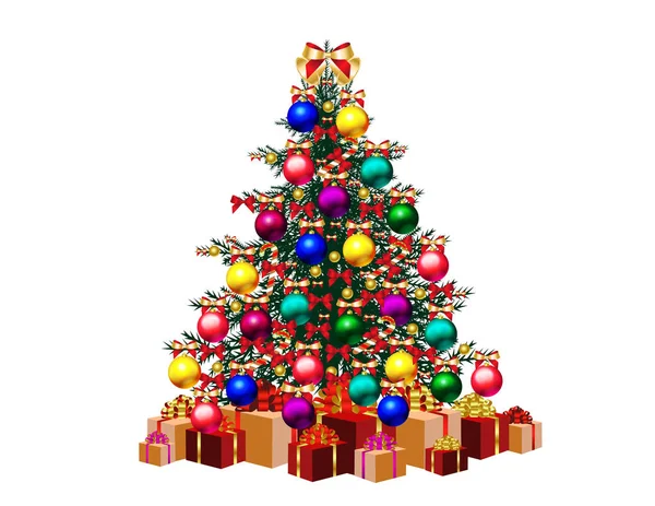 Noel kartı köknar ağacı, dekorasyon, hediye ve neşeli Noel yazıt ile     