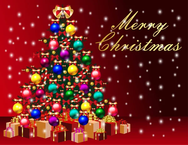 Noel kartı köknar ağacı, dekorasyon, hediye ve neşeli Noel yazıt ile     