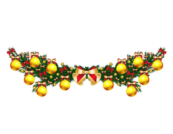 Sarı Baubles Beyaz Vektör Çizim Pruvada Süslenmiş Noel Ağacı Dalları — Stok Vektör