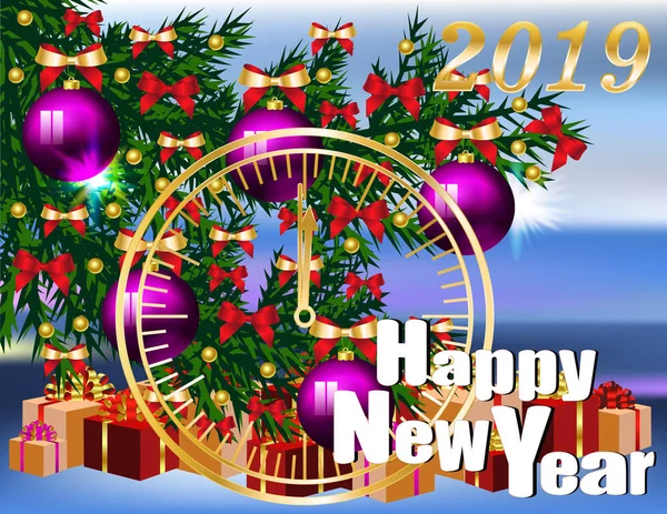 Feliz Ano Novo 2019 Banner Com Árvore Natal Cara Relógio — Vetor de Stock