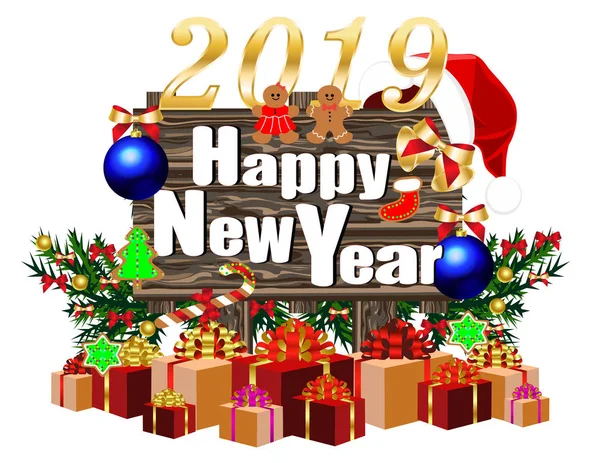 Ano Novo Feliz Colorido 2019 Banner Com Placa Madeira Caixas — Vetor de Stock