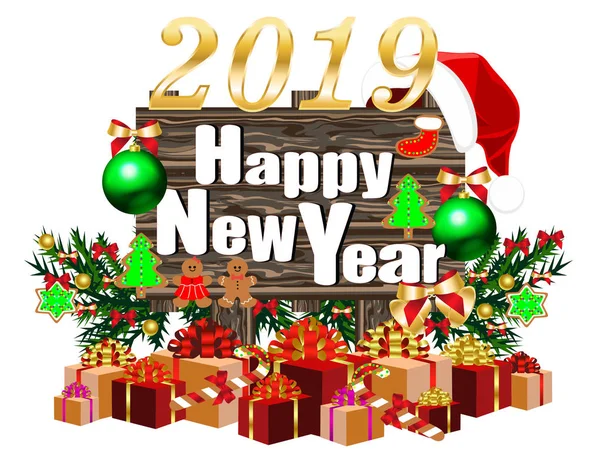 Feliz Ano Novo 2019 Banner Com Placa Madeira Caixas Presente — Vetor de Stock