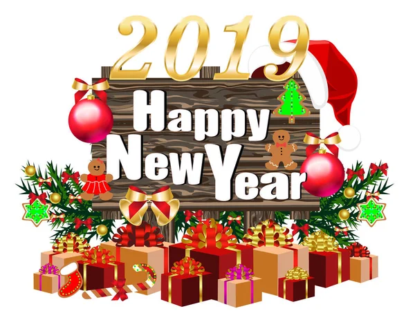 Feliz Ano Novo 2019 Banner Com Placa Madeira Caixas Presente — Vetor de Stock