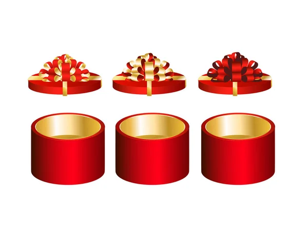 Row Opened Red Gift Boxes Bows White Vector Illustration — Stock Vector
