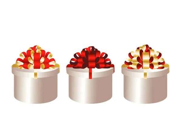 Rangée Boîtes Cadeaux Rondes Avec Des Arcs Sur Blanc Illustration — Image vectorielle