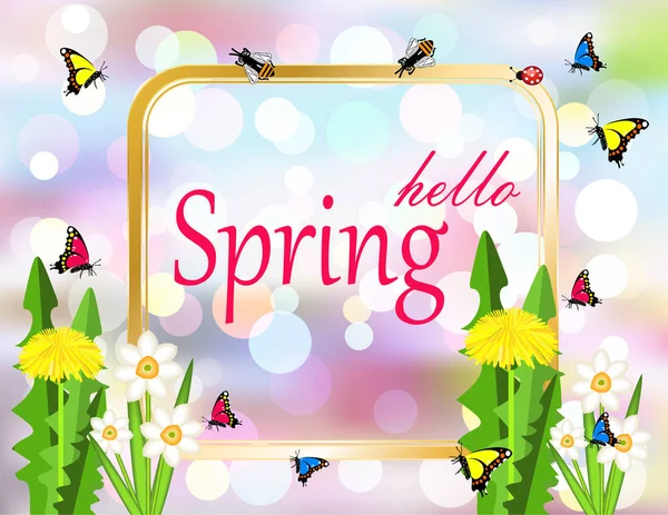 Hallo Frühling Rahmen Schmetterling Blumen — Stockvektor