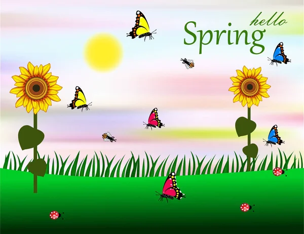 Bonjour Fleurs Papillon Printemps — Image vectorielle