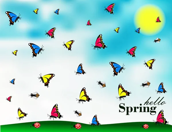 Hello Spring Banner Butterflies — Stock Vector