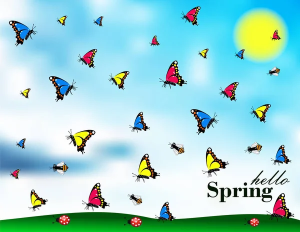 Hola Mariposas Bandera Primavera — Vector de stock