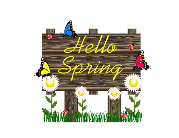 Hello Spring Wooden Sign — Stock Vector