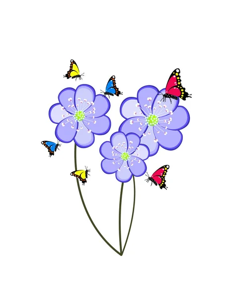 Primrose Flores Azul Con Mariposas — Vector de stock