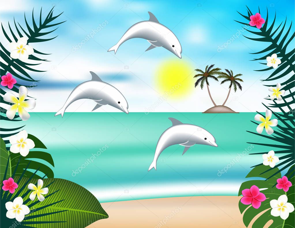 Dolphins sea sun background