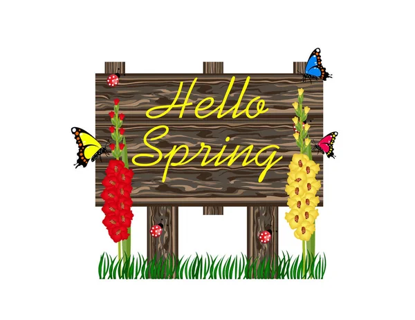 Hello Spring Wooden Sign — Stock Vector