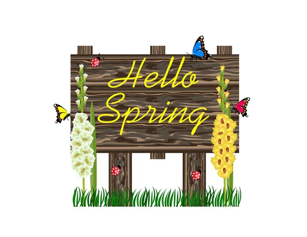 Hola Signo Madera Primavera — Vector de stock