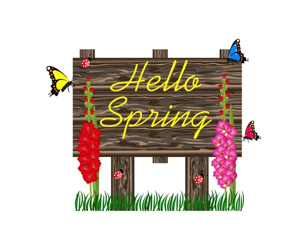 Hello Spring Wooden Sign — Stock Vector