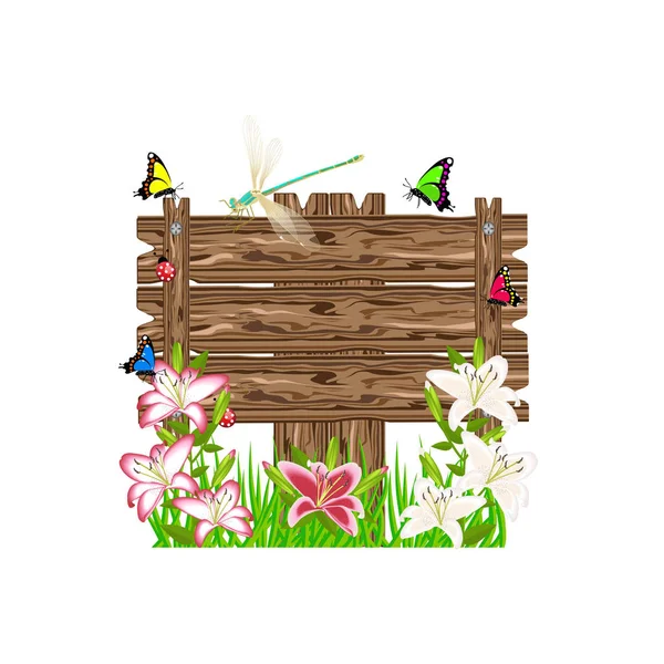 木製の夏のボードの花昆虫 — ストックベクタ