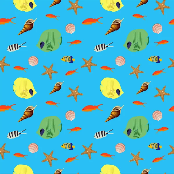 Fish Sea Shells Seamless Pattern — Stock Vector