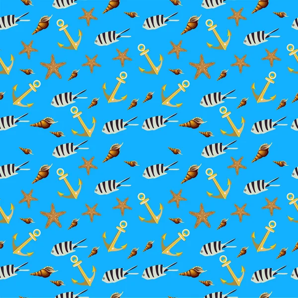 Fish Sea Shells Seamless Pattern — Stock Vector