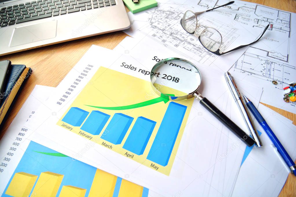 Financial printed paper charts, graphs and diagrams. Science and technology. 
