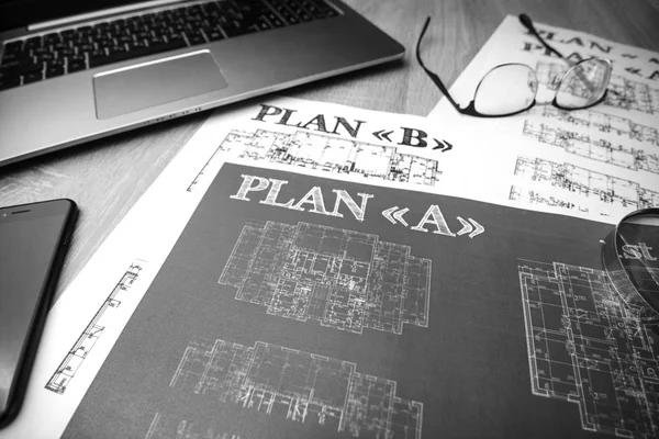 Mimari Planlar Kağıt Çizim Kalem Planı Düzen Cetvel Hesap Makinesi — Stok fotoğraf