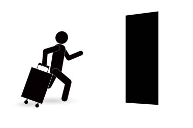 (Simge) silüeti için kapı Bagaj (çanta) olan bir adam. Turizm, eğlence, iş.