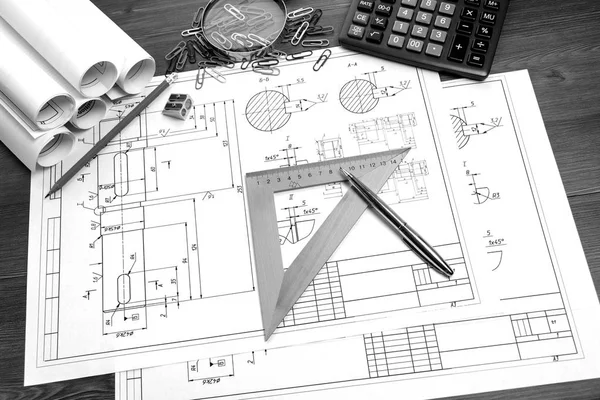 Architekturentwürfe Papier Zeichnungen Bleistift Plan Layout Lineal Taschenrechner Zirkel — Stockfoto