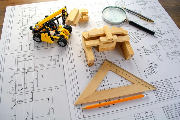 Architekturentwürfe Papier Zeichnungen Bleistift Plan Layout Lineal Taschenrechner Zirkel — Stockfoto