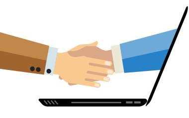Beyaz arka plan üstünde laptop üzerinde el sıkışan 