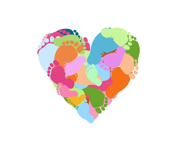 Muchas Huellas Pies Pinturas Multicolores Forma Corazón Embarazo Amor Schatye — Vector de stock