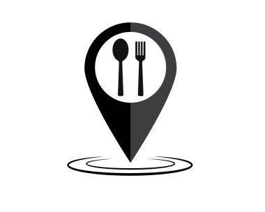 Restoranın lokasyon pin vektör simgesi. Mobil konsept ve web tasarımı için düz tabela. Kafe haritası, işaret simgesi. Sembol, logo çizimi. vektör grafikleri