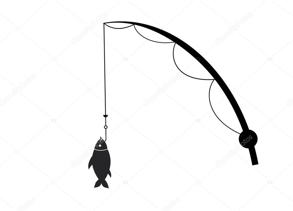 Flat black icon of fishing rods and fish on the hook, catch, hobby, sport, passion. Fishing and recreation.