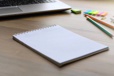 Notlar, kalemler, işaretçileri, kalem, kaktüs ile bir pot, bir dizüstü bilgisayar ve ahşap arka planda kağıt klipler için açık bir defter (ofis masası).