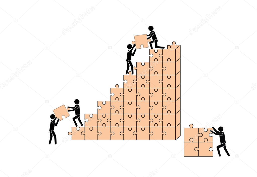 People (workers) build a house out of puzzle pieces. Teamwork. Business and construction.