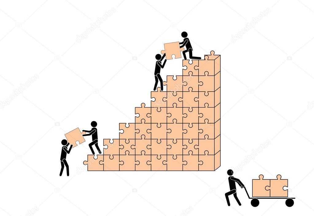 People (workers) build a house out of puzzle pieces. Teamwork. Business and construction.