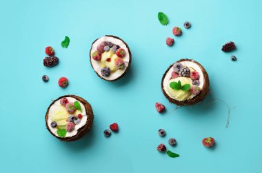 Hindistan cevizi Hindistan cevizi devrede de kopya alanı ile mavi arka plan üzerinde taze çilek dondurma. Üstten görünüm. Pop sanat tasarım, yaratıcı yaz konsepti. Yemek en az daire yatıyordu tarzı.