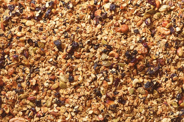 Biologische zelfgemaakte gebrande granola met noten en rozijnen op bakplaat. Eten als ontbijt. Maaltijden achtergrond, granola textuur — Stockfoto