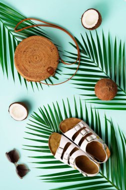 Şık rattan çanta, Hindistan cevizi, birkenstocks, hurma dalları, mavi arka plan üzerinde güneş gözlüğü. Afiş. Üstten görünüm kopya alanı ile. Trendy bambu çanta ve beyaz ayakkabı. Yaz moda düz yatıyordu