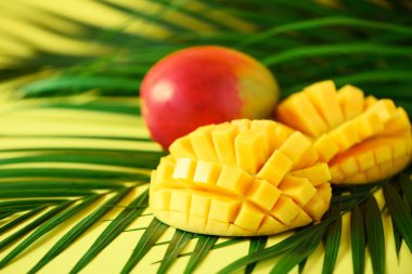 Egzotik mango meyve tropikal yeşil palmiye üzerinde sarı zemin üzerine bırakır. Uzay kopyalayın. Pop sanat tasarım, yaratıcı yaz konsepti. Afiş