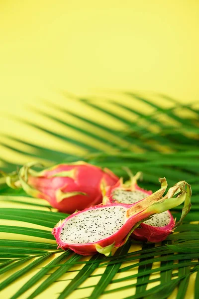 Pitahaya or dragon fruit over tropical green palm leaves on yellow background. Copy space. Pop art design, creative summer concept. — Stock Photo, Image