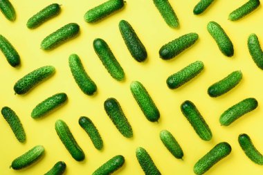 Yaratıcı desen sarı zemin üzerine taze yeşil salatalık. Üstten görünüm. Uzay kopyalayın. Minimal tasarım. Vejetaryen, vegan, organik gıda ve alkali yemek kavramı