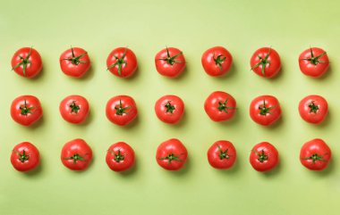 Yeşil zemin üzerine kırmızı domates yaratıcı deseni. Üstten görünüm. Uzay kopyalayın. Minimal tasarım. Vejetaryen, vegan, organik gıda ve alkali yemek kavramı
