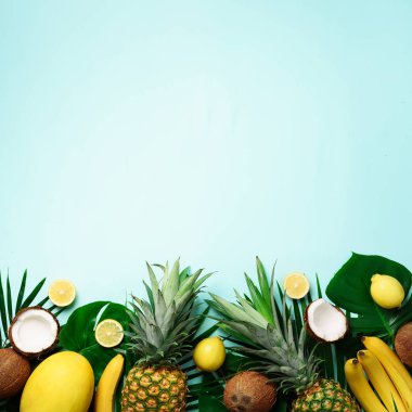 Egzotik ananas, olgunlaşmış hindistancevizi, muz, kavun, limon, tropikal palmiye ve monstera boşaltmak için metin mavi zemin üzerine bırakır. Kare ürün. Yaratıcı düzeni. Yaz konsepti. Düz yatıyordu, en iyi görünümü