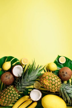 Egzotik ananas, olgunlaşmış hindistancevizi, muz, kavun, limon, tropikal palmiye ve yeşil monstera boşaltmak sarı zemin üzerine bırakır. Yaratıcı düzeni. Tek renkli yaz konsepti. Düz yatıyordu, en iyi görünümü.