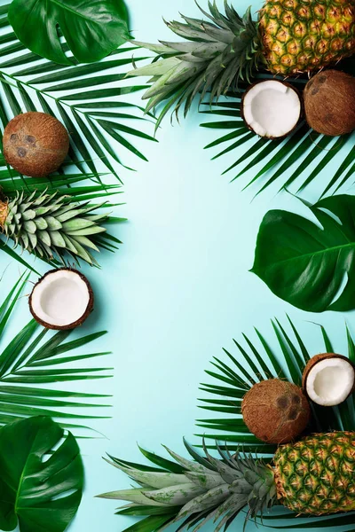 Exotische Ananas, reife Kokosnüsse, tropische Palmen und grüne Monsterblätter auf blauem Hintergrund mit Copyspace für Ihren Text. kreatives Layout. Sommerkonzept. flache Lage, Draufsicht — Stockfoto
