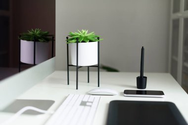 Beyaz ofis resepsiyon masası bilgisayar klavye, fare, monitör, grafik tablet, smartphone, lezzetli bitki ve diğer ofis malzemeleri. Görünümü ana sayfa, yer kopyalayın, yat